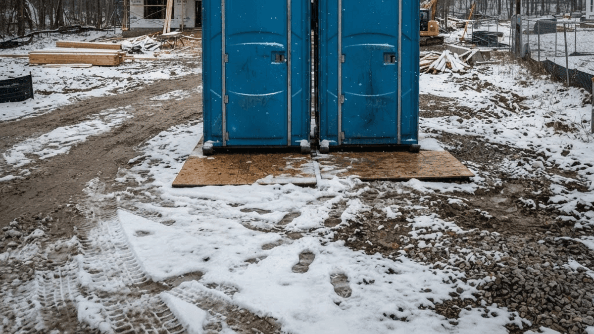 Two blue portable restroom units standing in light snow at a winter construction site with bare trees behind