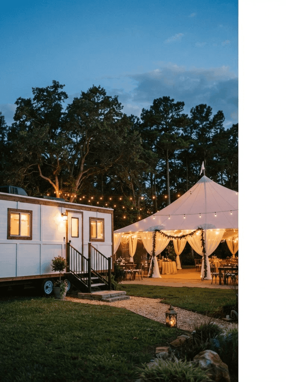 A restroom trailer beside a wedding tent at dusk