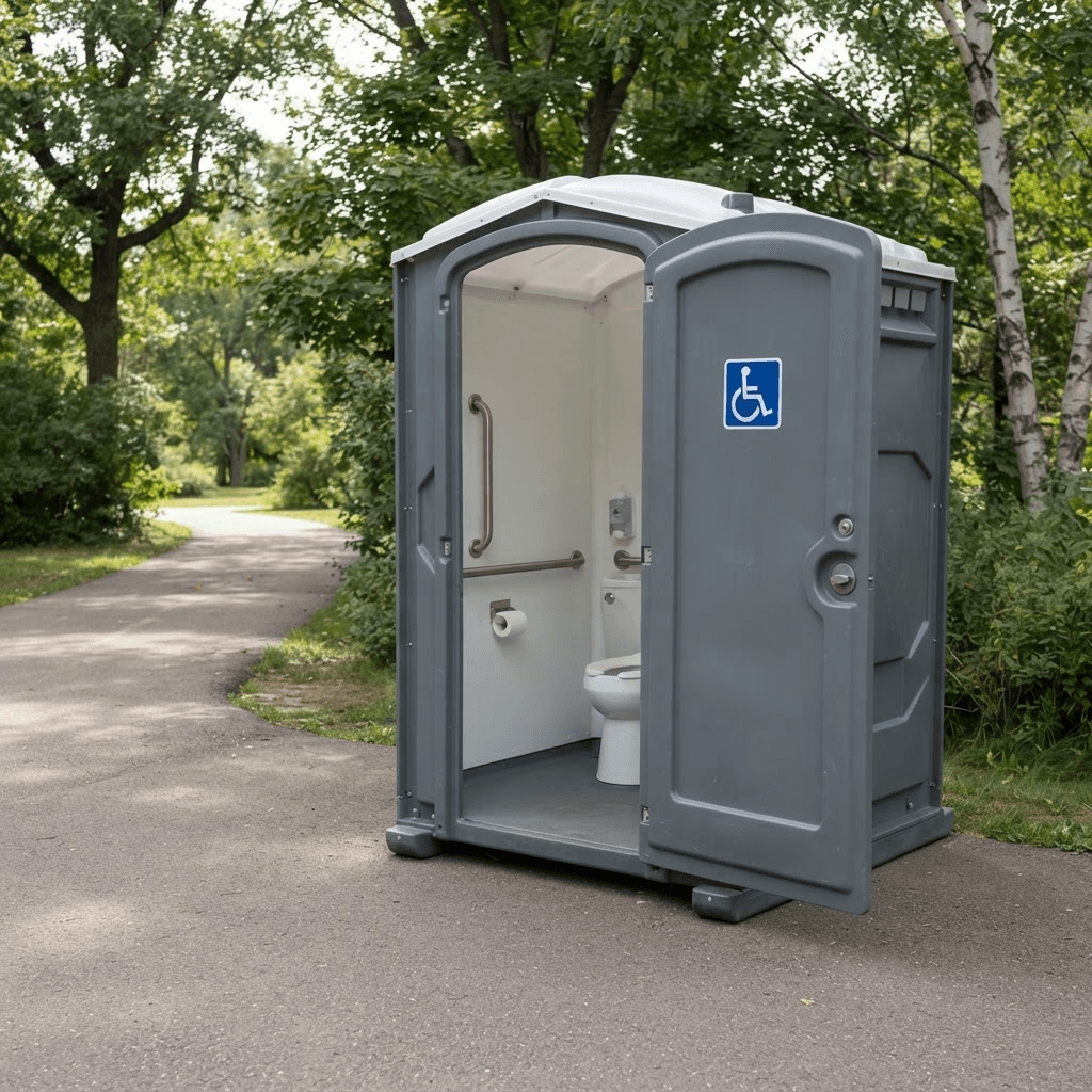 Wheelchair-accessible portable restroom with a wide door, ground-level entry and blue accessibility signage on the door