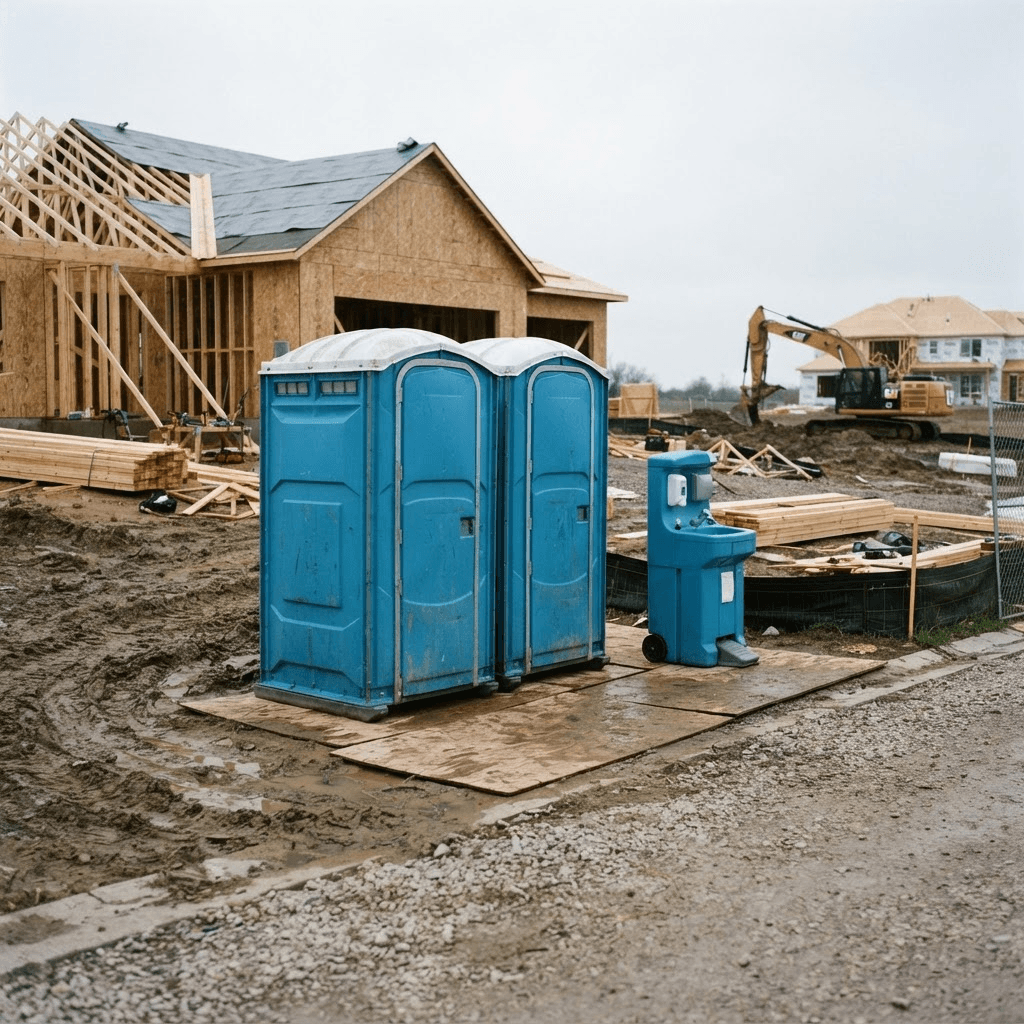 Portable restrooms placed on a gravel perimeter at an active construction site