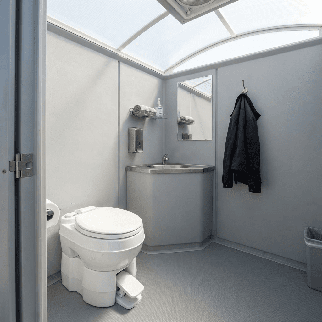 Interior of a deluxe flushing portable restroom showing a flush toilet, corner sink with soap dispenser and a mirror