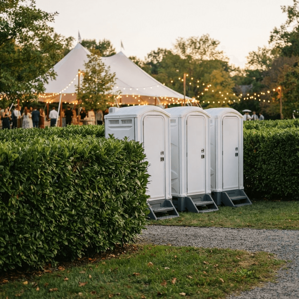 Three portable restroom units placed behind a hedge at an outdoor event