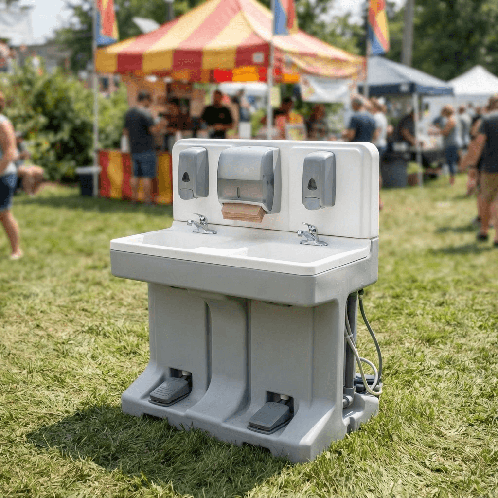 Two-basin freestanding portable handwashing station with foot pumps, soap dispensers and paper towel holder at an outdoor event