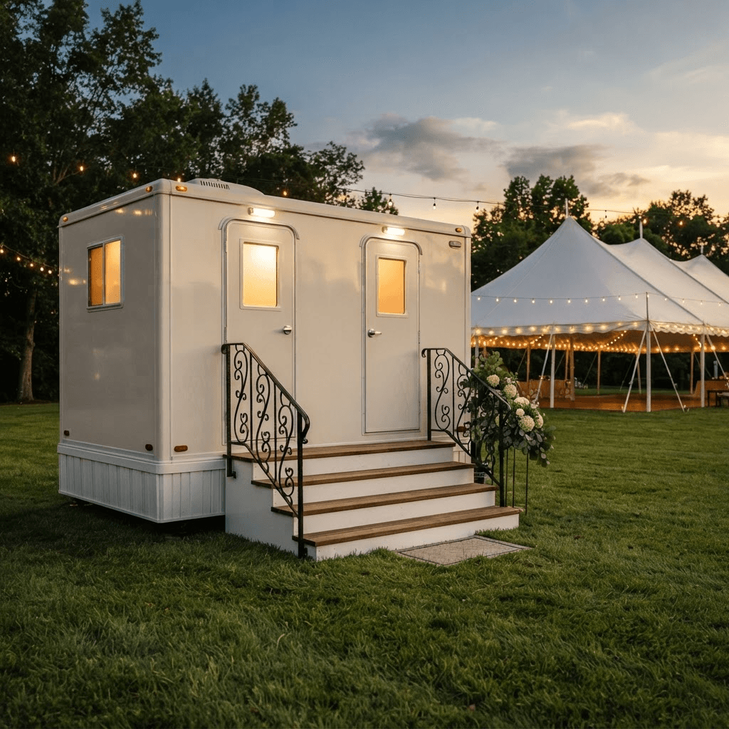 A white restroom trailer parked on a lawn beside a wedding tent at dusk