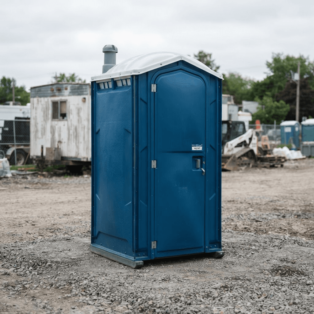 A clean standard portable restroom unit on a gravel pad