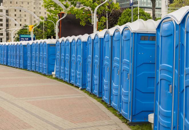 Seasonal porta potty units set up at a Mentor, Ohio venue